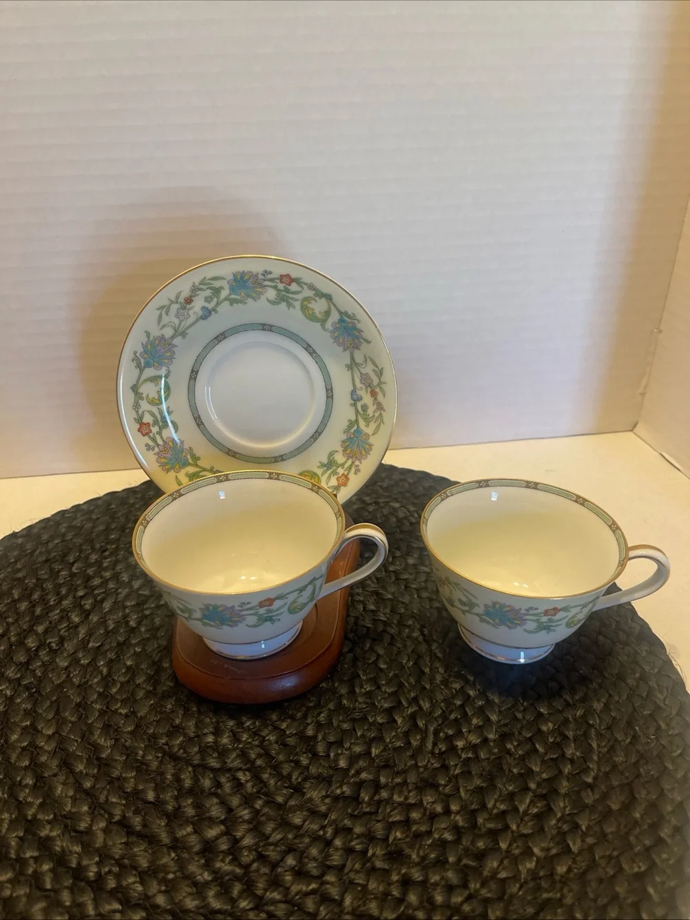 Noritake 1950sTeacup and Saucer Set - Ivory with green and Gold Trim #5042